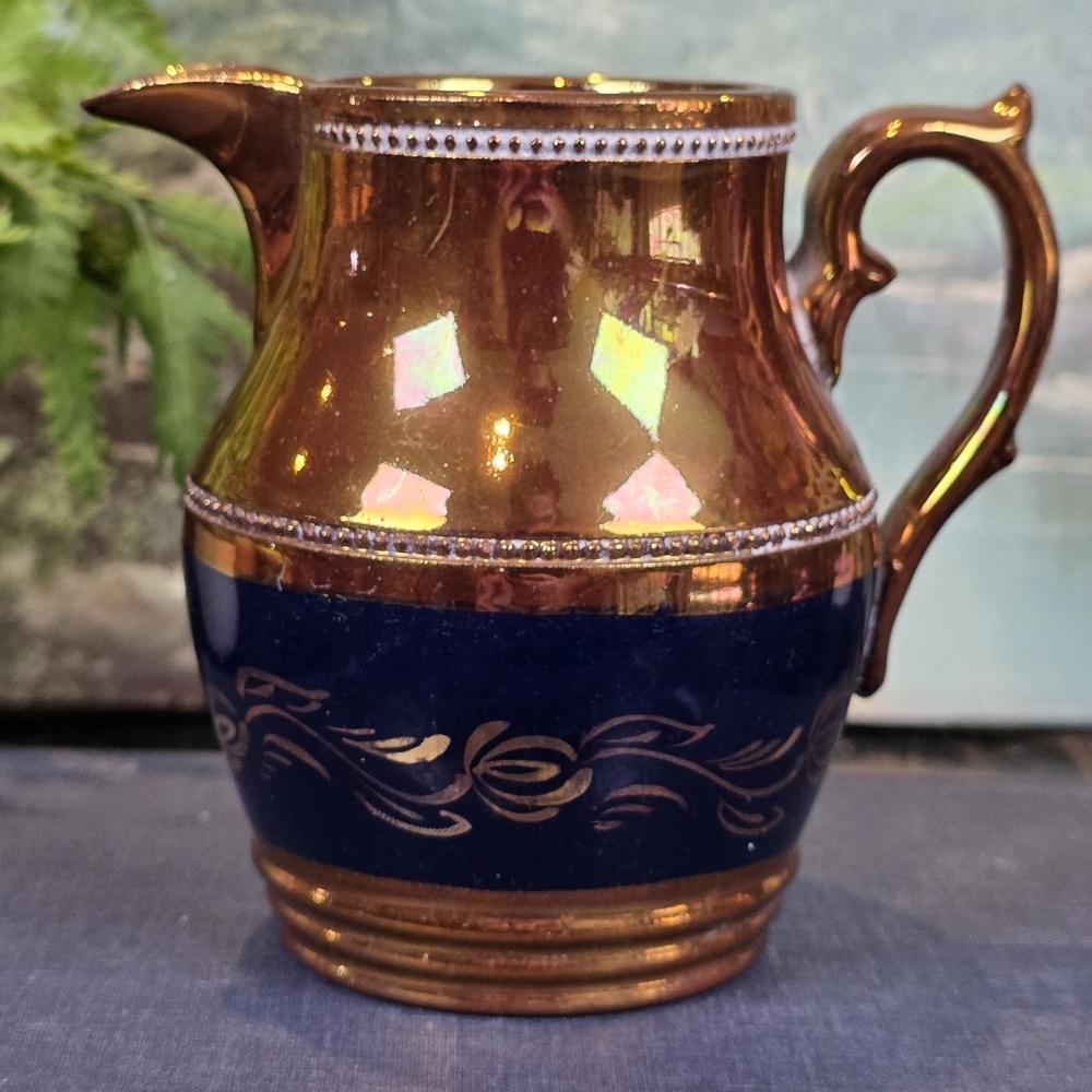 Antique Copper Lustre Pitcher Cobalt Blue Band Gold Leaf Vine Accent | Creamer